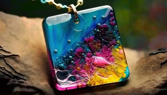 An vibrant epoxy pendant made with jewelry resin and colorants, featuring shades of blue, pink, and yellow.