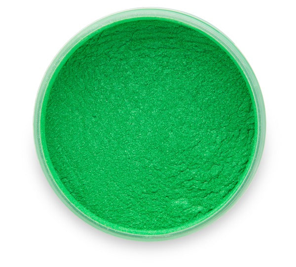 A container of Pigmently's Emerald Green Mica Powder, seen from above with the lid remove to show the color.