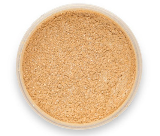 A photo of Gold Diamond Metallic Pigment by Pigmently, seen from above with the lid removed to showcase the pigment's powder form.