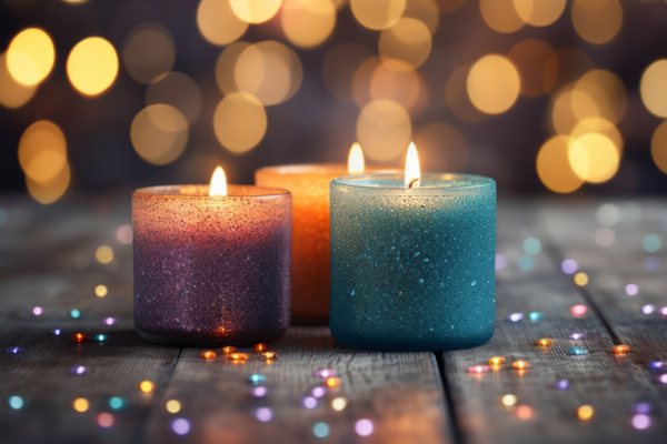 Three lit, candles on a wooden table, made with mica powder pigments and other colorants.