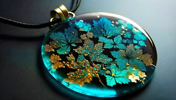 An epoxy resin necklace made with embedded leaf decorations and blue resin dye.