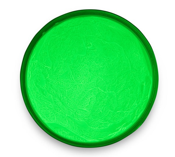 A container of Yellow-Green Glow in the Dark Pigment Powder by Pigmently, seen from above with the lid removed to show the vibrant contents.