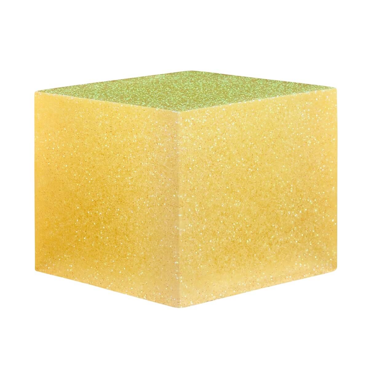 A resin cube made with the Yellow Glitter Mica Powder Pigment by Pigmently.
